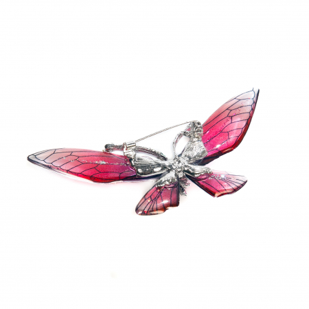 Brosa mare eleganta argintie cu fluturas rosu [1]