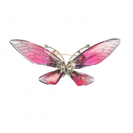 Cercei din lemn - Brosa mare eleganta aurie cu fluturas rosu