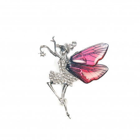 Martisoare - Brosa medie eleganta argintie cu zana cu aripi rosii