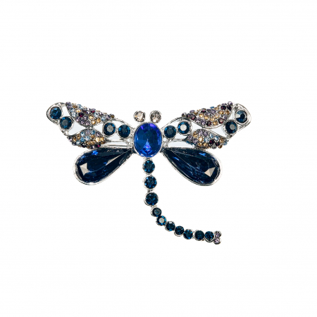 Cercei din lemn - Brosa medie eleganta cu libelula si pietricele albastre