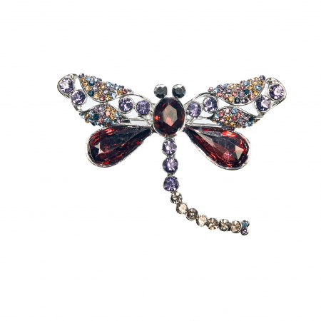 Cercei din lemn - Brosa medie eleganta cu libelula si pietricele rosii