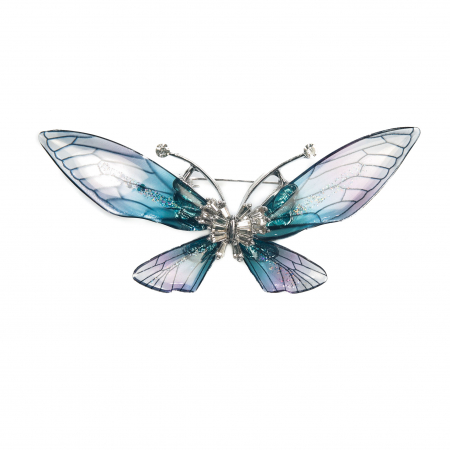 Cercei din lemn - Brosa mare eleganta argintie cu fluturas albastru