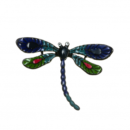 Cercei din lemn - Brosa medie eleganta cu libelula albastra cu verde