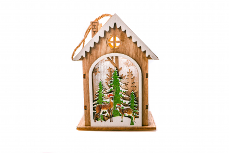 Casuta din lemn care lumineaza cu brazi si reni [3]