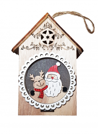 Decoratiuni cu lumina - Casuta din lemn care lumineaza mos cu ren