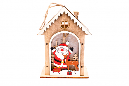 Decoratiuni cu lumina - Casuta din lemn care lumineaza cu Mos Craciun