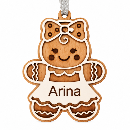 Decoratiuni Craciun - Decorațiune cu nume personalizata din lemn cu Fetiță de Turtă Dulce cu Fundiță