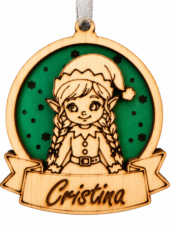 Decoratiuni Craciun - Decoratiune cu nume personalizata din lemn cu elf