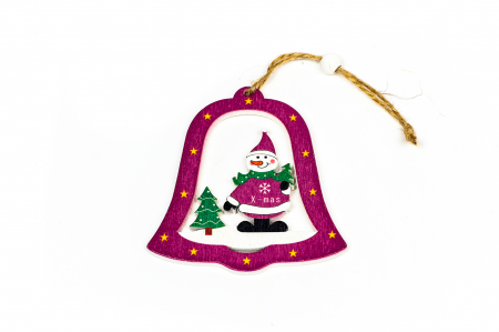 Decoratiuni Craciun - Decoratiune din lemn clopotel cu om de zapada