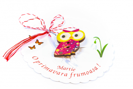 Martisor-brosa cu o bufnita roz cu ochii galbeni [1]