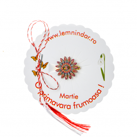 Martisoare - Martisor-brosa cu o floare retro in stil boem rosie cu portocaliu si bleu