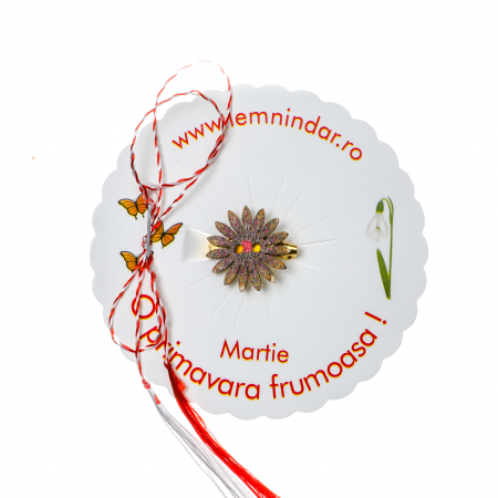 Martisoare - Martisor-brosa cu o floare retro in stil boem maro cu centrul rosu