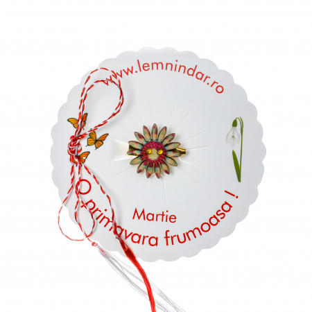 Martisoare - Martisor-brosa cu o floare retro in stil boem crem, roz si turcoaz cu centrul roz