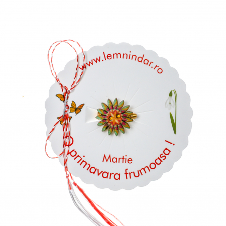 Martisoare - Martisor-brosa cu o floare retro in stil boem verzuie cu portocaliu si roz