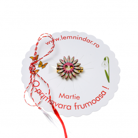 Martisor-brosa cu o floare retro in stil boem crem, roz si turcoaz cu centrul roz [1]