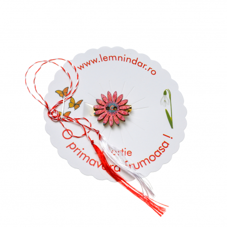 Martisoare - Martisor-brosa cu o floare retro in stil boem rosie cu centrul verzui