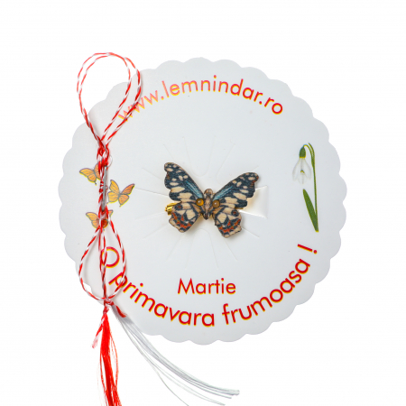Martisoare - Martisor-brosa cu un fluturas model cu alb, albastru si rosu