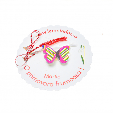 Martisor-brosa cu un fluturas roz cu dungi verzi si galbene [4]