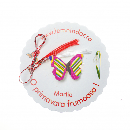 Martisor-brosa cu un fluturas roz cu dungi verzi si galbene [3]