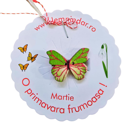 Martisoare - Martisor-brosa cu un fluturas verde cu firisoare rosii