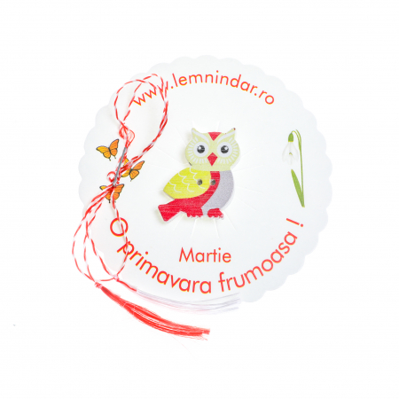 Martisor-brosa cu o bufnita draguta cu galben, rosu si gri [1]