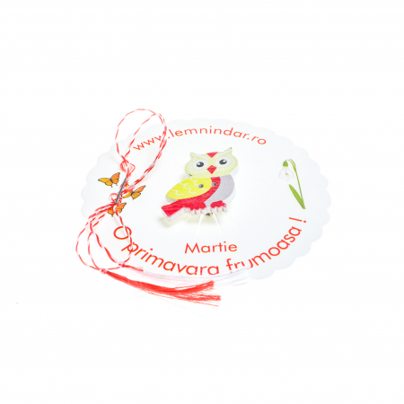 Martisor-brosa cu o bufnita draguta cu galben, rosu si gri [2]