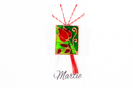 Martisor din sticla pictat manual cu o lalea si frunze rosii cu contur auriu [0]