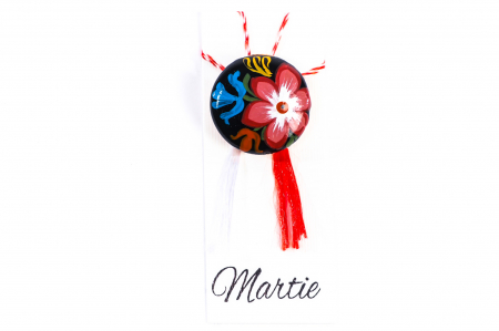 Martisor din ceramica pictat manual cu o floare rosie si una albastra [0]