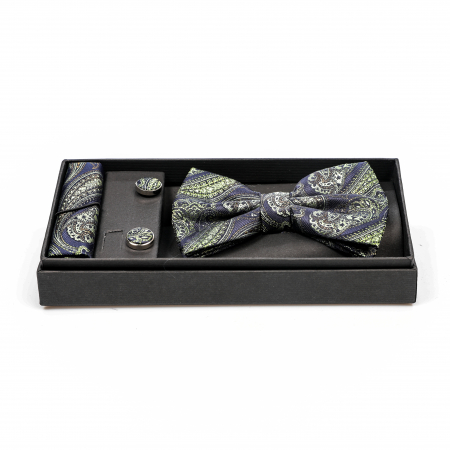 Papion albastru inchis cu model vernil cu butoni si batista [1]