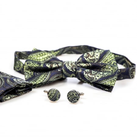 Papion albastru inchis cu model vernil cu butoni si batista [4]