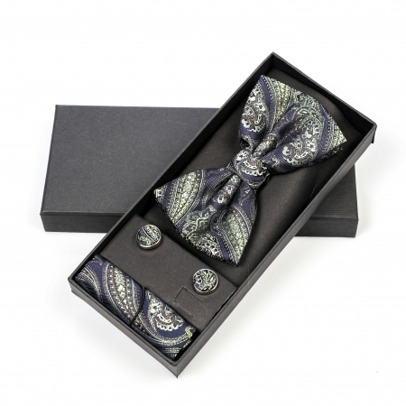 Papion albastru inchis cu model vernil cu butoni si batista [2]