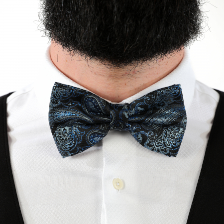 Papion negru cu model albastru cu butoni si batista [8]