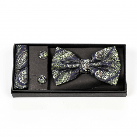 Cadouri pentru tata - Papion albastru inchis cu model vernil cu butoni si batista