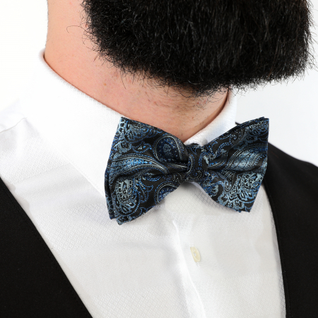 Papion negru cu model albastru cu butoni si batista [9]