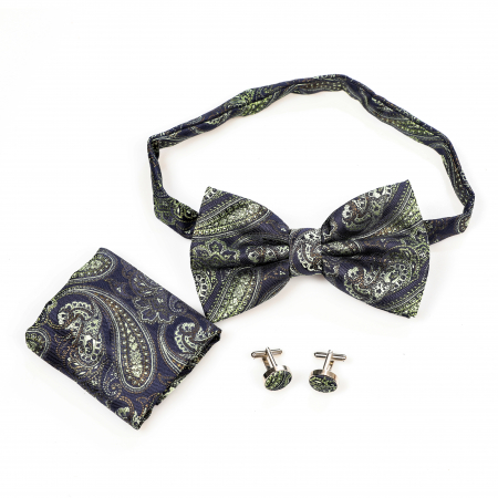 Papion albastru inchis cu model vernil cu butoni si batista [3]