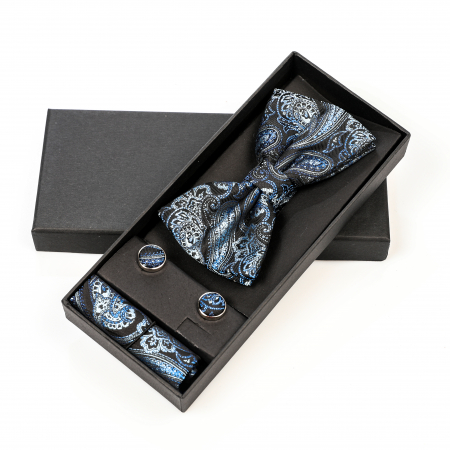 Papion negru cu model albastru cu butoni si batista [2]