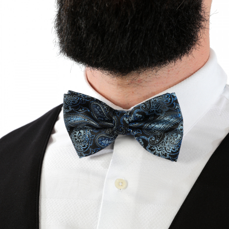 Papion negru cu model albastru cu butoni si batista [7]