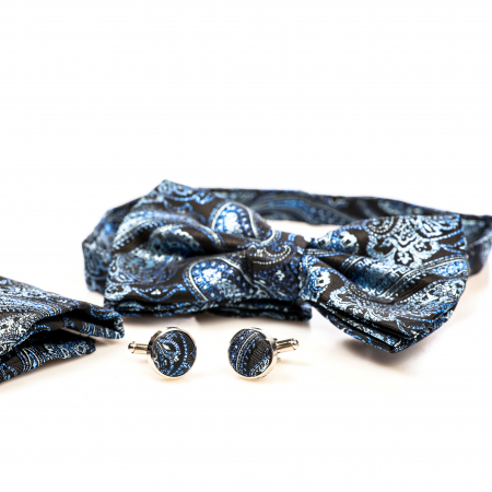 Papion negru cu model albastru cu butoni si batista [4]