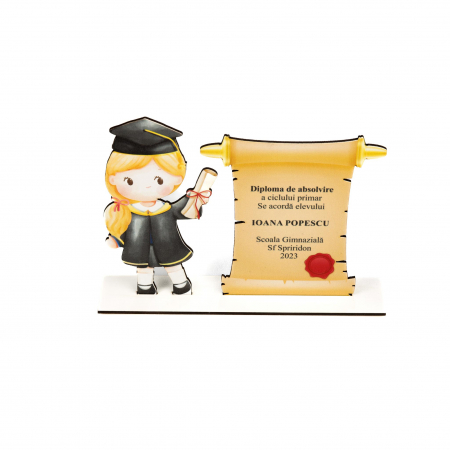 Placheta personalizata din lemn cu fata blonda si diploma de absolvire [1]