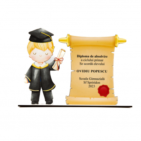 Cadouri pentru profesori - Placheta personalizata din lemn cu baiat blond si diploma de absolvire