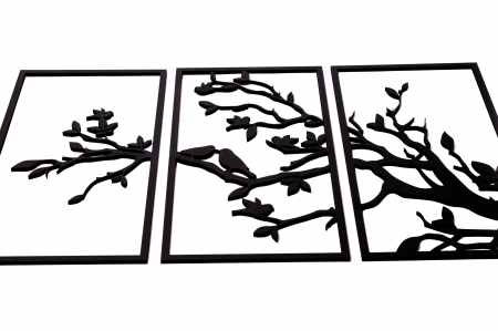 Tablou din 3 piese cu o ramura si pasarele - negru [2]