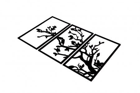 Tablou din 3 piese cu o ramura si pasarele - negru [1]