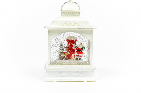 Decoratiuni cu lumina - Ornament alb tip felinar care lumineaza cu mos si ren