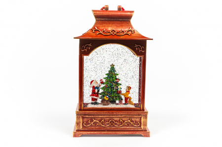 Decoratiuni cu lumina - Ornament rosu tip felinar care lumineaza cu mos si copilas