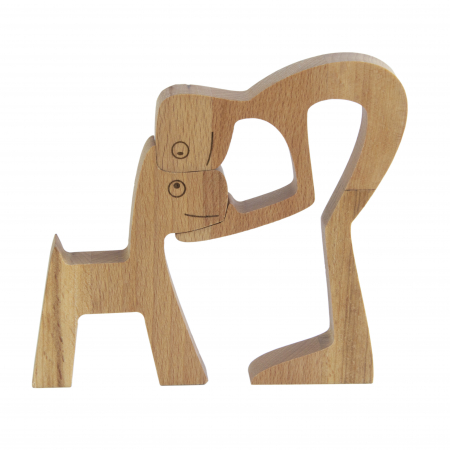 Figurine Decorative - Figurina decorativa din lemn de fag baiat si catel, 13x12 cm