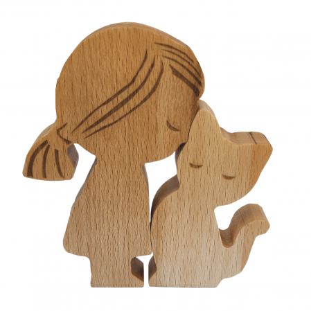 Figurine Decorative - Figurina decorativa din lemn de fag Maria si Miau, 12.5 x 11.5 cm