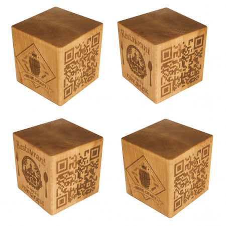 Horeca - Set de 4 Meniuri digitale cub QR din lemn de fag, 80mm, personalizabile