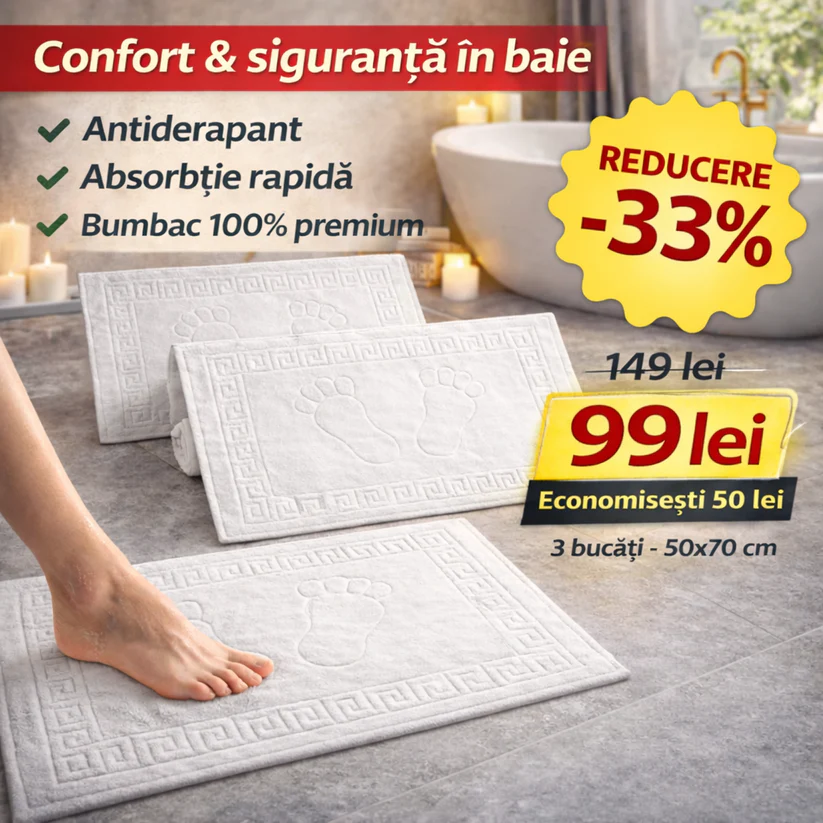 Set 3 Covorase Baie din Bumbac Pakistanez 100%, Absorbante, Moi si Antiderapante, Alb