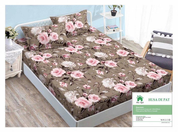 Husa de pat cu elastic 140x200 din Bumbac Finet + 2 Fete de Perna - Bej Cu Trandafiri Roz
