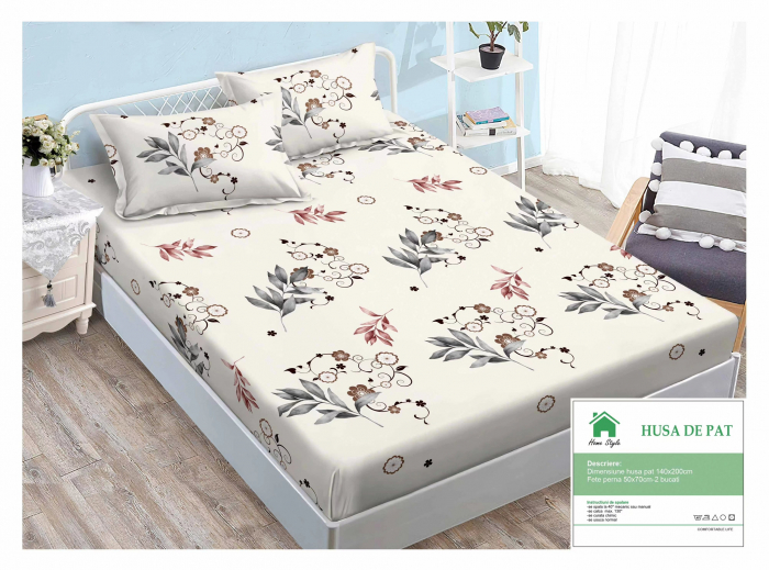 Husa de pat cu elastic 140x200 din Bumbac Finet + 2 Fete de Perna - Crem Cu Flori